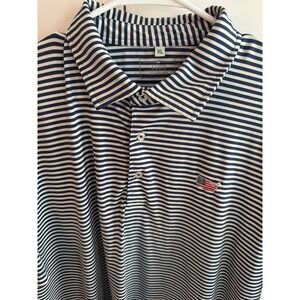 The State Company Mens XL Polo Shirt Navy White Striped USA Flag Map Golf Top